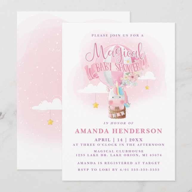 Invitation Unicorn Hot Air Balloon Girl Baby shower (Devant / Derrière)