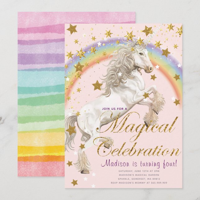Invitation Unicorn Illustration Party Anniversaire magique (Devant / Derrière)