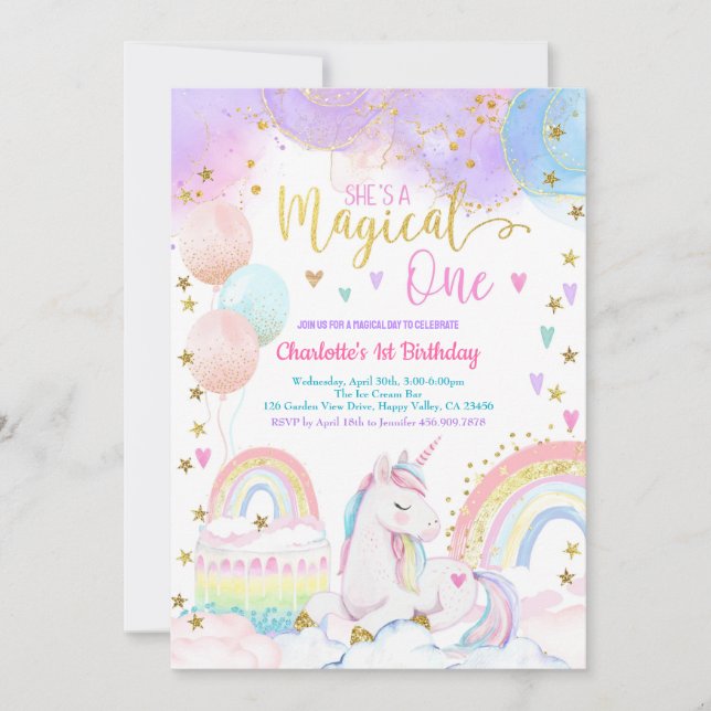 Invitation Unicorn Magical One Girl 1st Birthday Party Pastel (Devant)