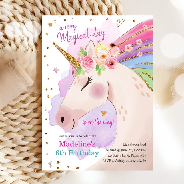 Invitation Unicorn Magical Rose or Rainbow Girl Anniversaire (Créateur téléchargé)