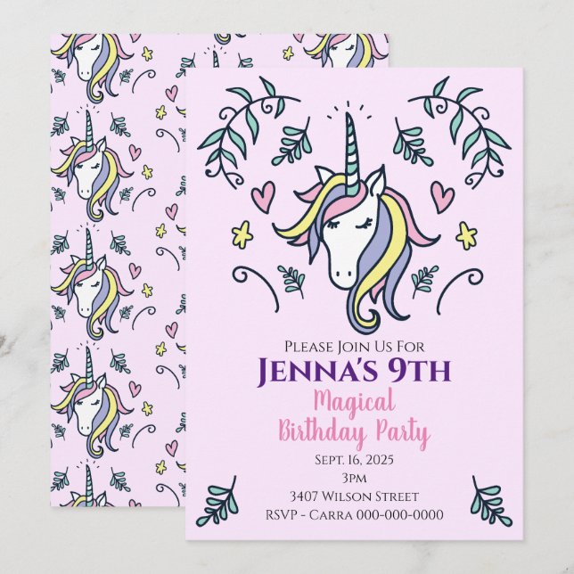 Invitation Unicorn Magique fête d'anniversaire (Devant / Derrière)