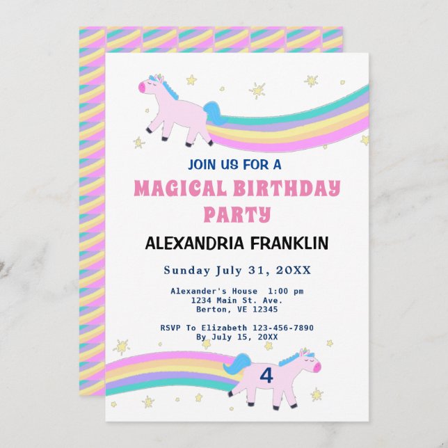 Invitation Unicorn Magique fête d'anniversaire Rainbow (Devant / Derrière)