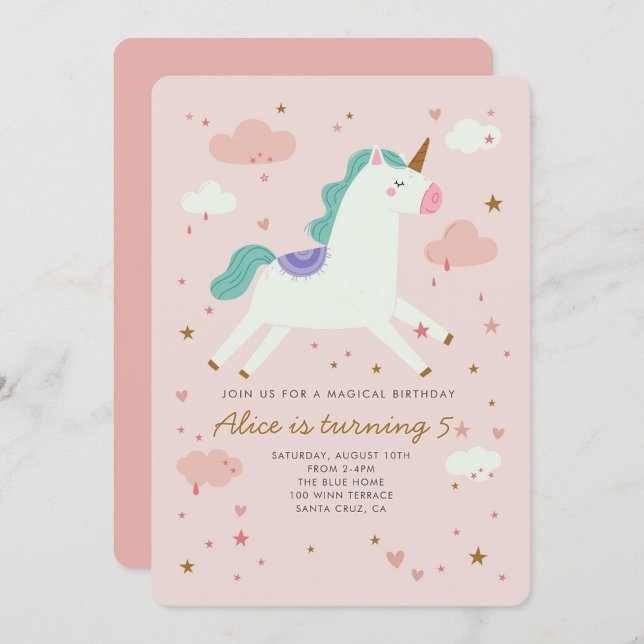 Invitation Unicorn Magique fête d'anniversaire rose (Créateur téléchargé)