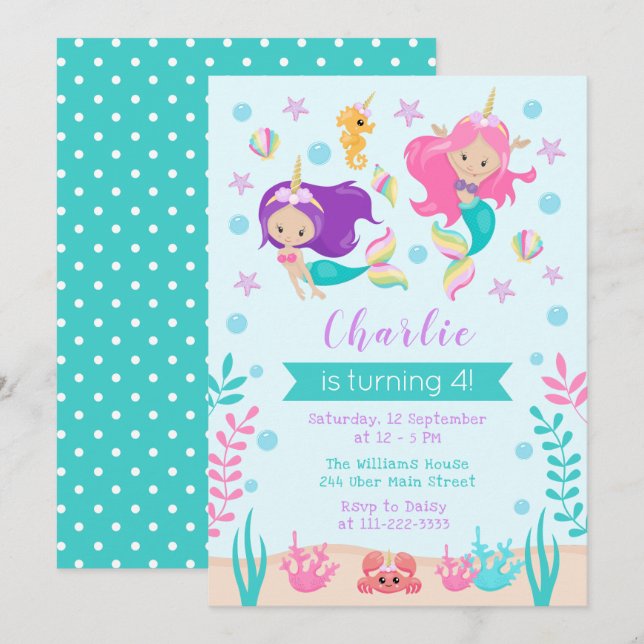 Invitation Unicorn Mermaids Anniversaire Peau claire Tone (Devant / Derrière)
