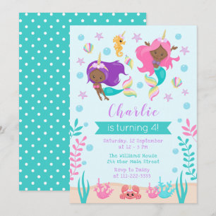 Invitation Unicorn Mermaids Anniversaire Peau foncée Tone