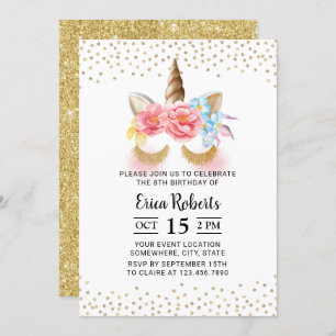 Invitation Unicorn Modern Gold Parties scintillant 8e anniver