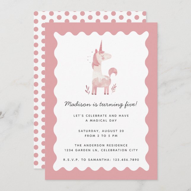 Invitation Unicorn Moderne Magique Rose Wavy Frame Anniversai (Devant / Derrière)