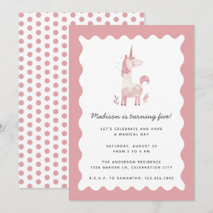 Invitation Unicorn Moderne Magique Rose Wavy Frame Anniversai