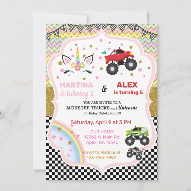 Invitation Unicorn & monster trucks frères et soeurs invitati (Devant)