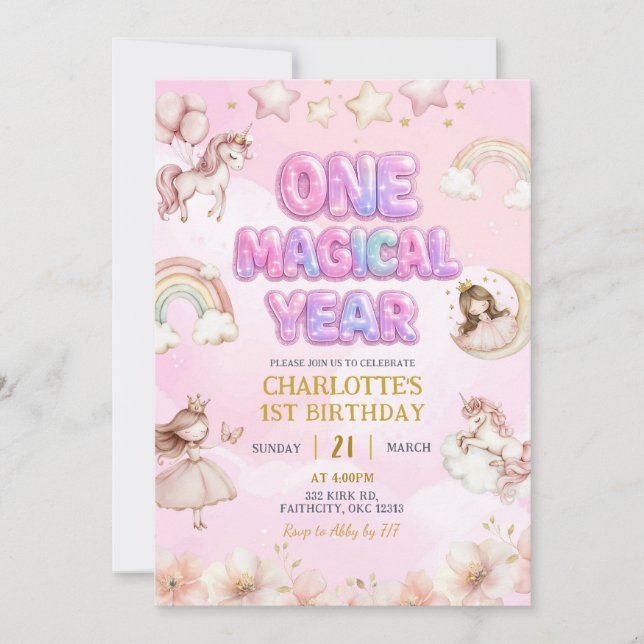 Invitation Unicorn One Magical year First Birthday (Devant)