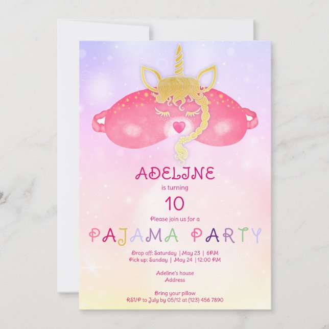Invitation Unicorn Pajama Girl Sleepover Tween fête d'anniver (Devant)