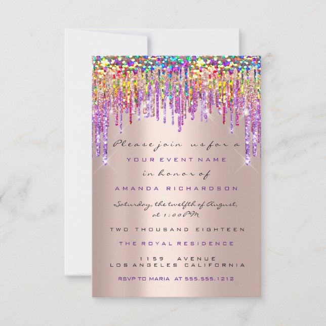 Invitation Unicorn Parties scintillant Drips Rose Gold Bridal (Devant)