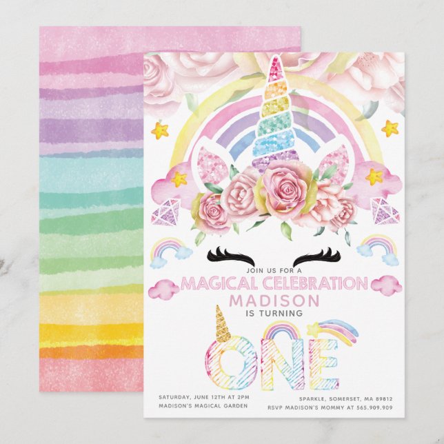 Invitation Unicorn Party Magique Premier anniversaire (Devant / Derrière)