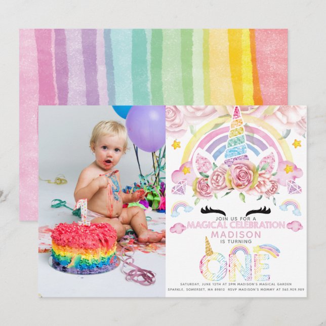Invitation Unicorn Party Magique Premier anniversaire Photo (Devant / Derrière)