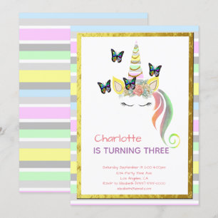 Invitation Unicorn Pastel Rainbow Butterflies Gold Anniversai