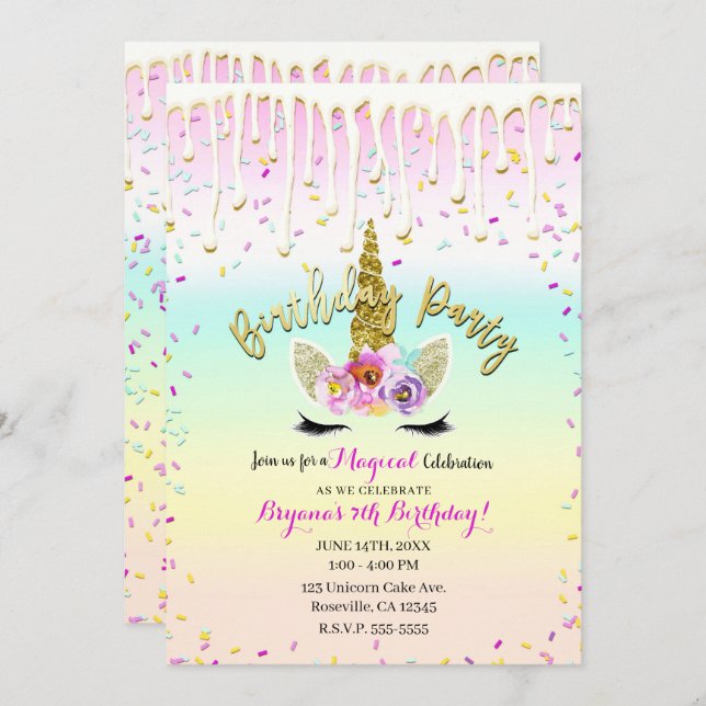 Invitation Unicorn Pastel Rainbow Frosting Dristing Birthday (Devant / Derrière)