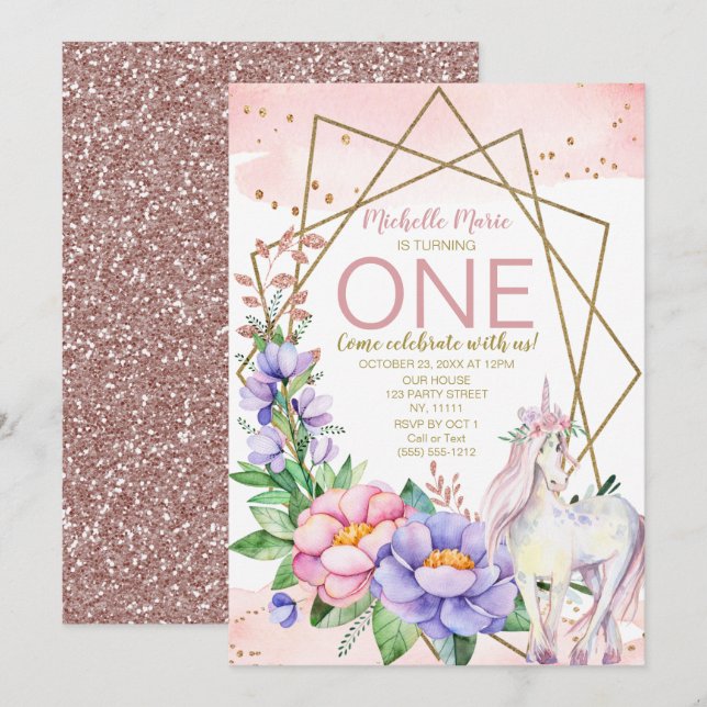 Invitation Unicorn Pink Gold Floral First Birthday (Devant / Derrière)