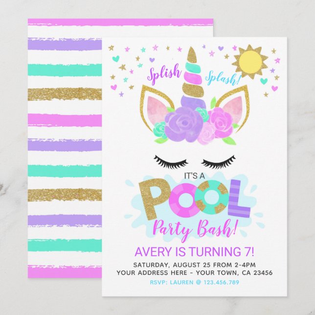 Invitation Unicorn Pool Party (Devant / Derrière)