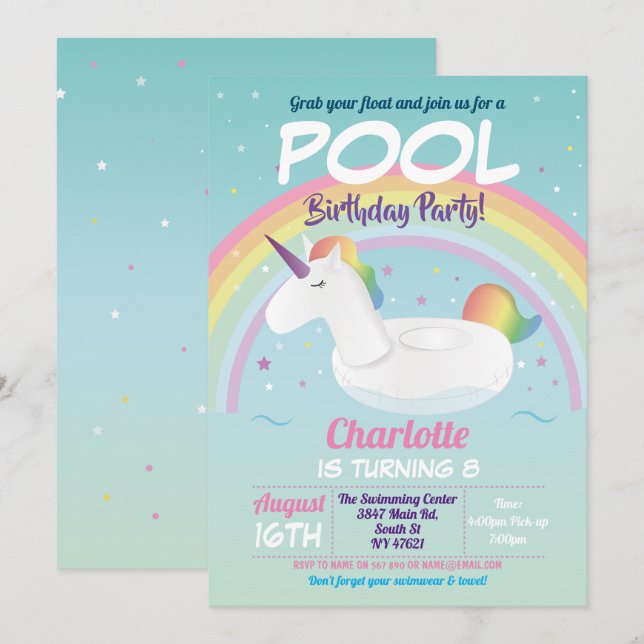 Invitation Unicorn Pool Party Anniversaire Rainbow Beach Flot (Devant / Derrière)