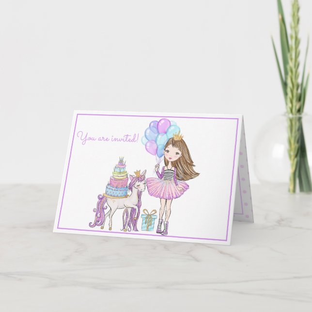 Invitation Unicorn Princess Modern Girl Aquarelle Anniversair (Devant)