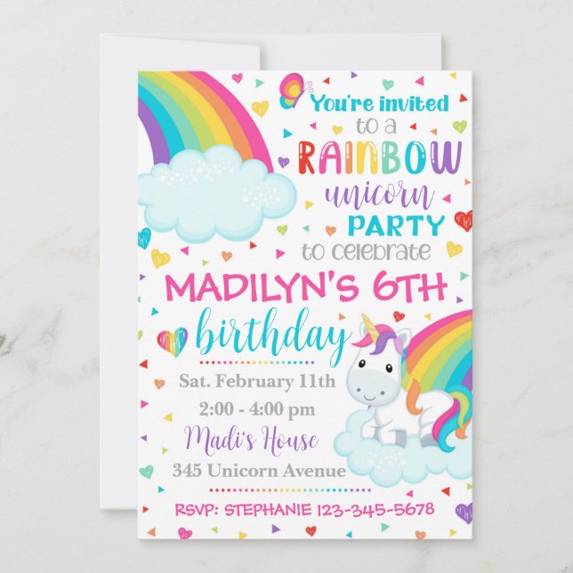 Invitation Unicorn Rainbow | Anniversaire de la li (Devant)