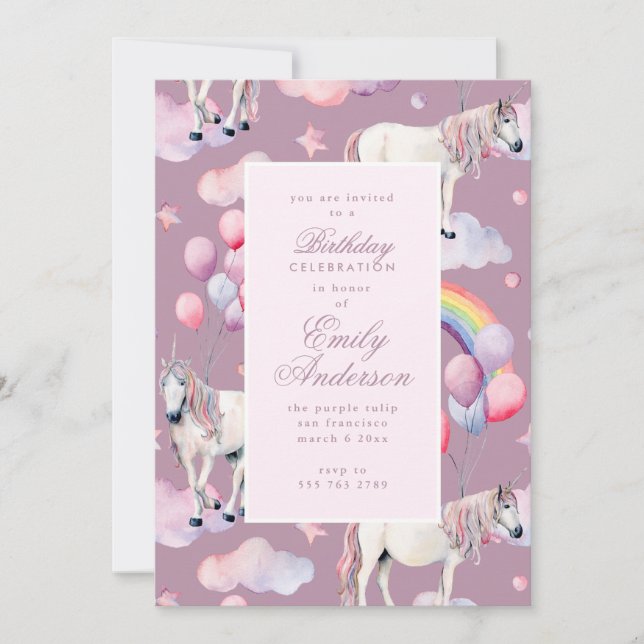 Invitation Unicorn Rainbow Balloons rose fête d'anniversaire  (Devant)