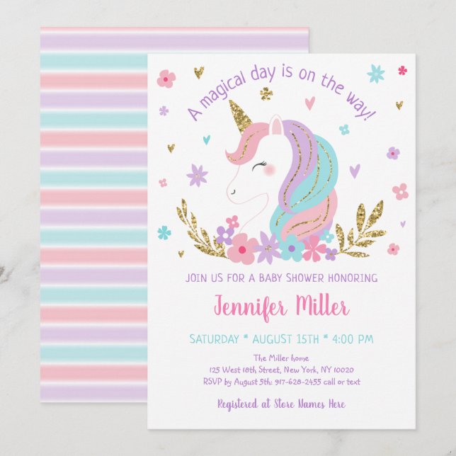 Invitation Unicorn Rainbow Rose Gold Baby shower Floral (Devant / Derrière)