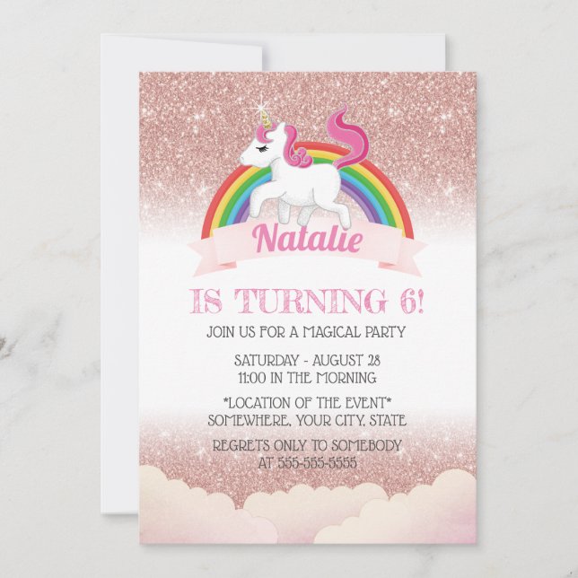 Invitation Unicorn & Rainbow Rose Gold Magique fête d'anniver (Devant)