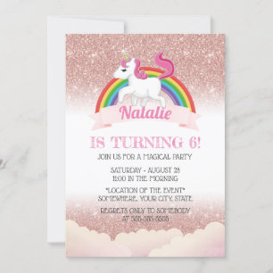 Invitation Unicorn & Rainbow Rose Gold Magique fête d'anniver