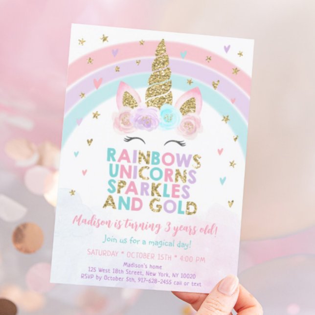 Invitation Unicorn Rainbow Sparkles Gold Anniversaire (Créateur téléchargé)