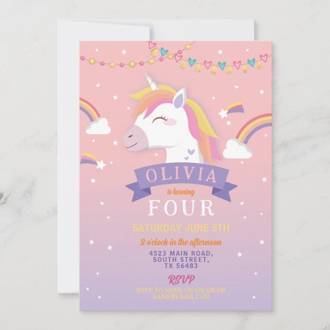 Invitation Unicorn Rainbows Anniversaire Fête Rose Stars (Devant)