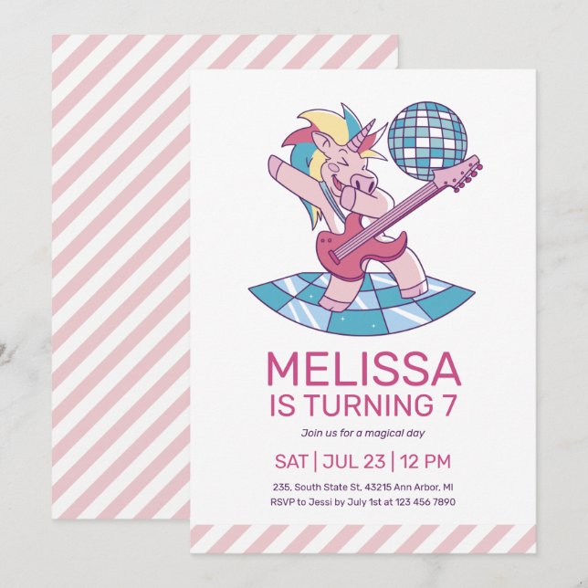Invitation Unicorn Rockstar chanter Anniversaire de enfant ro (Devant / Derrière)