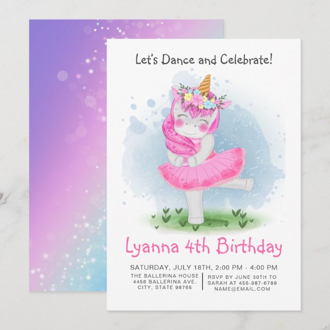 Invitation Unicorn rose Ballerina Aquarelle Florale Anniversa (Devant / Derrière)
