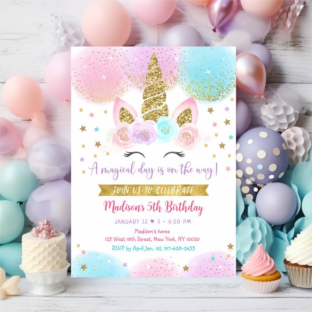 Invitation Unicorn rose or magique Anniversaire (Créateur téléchargé)