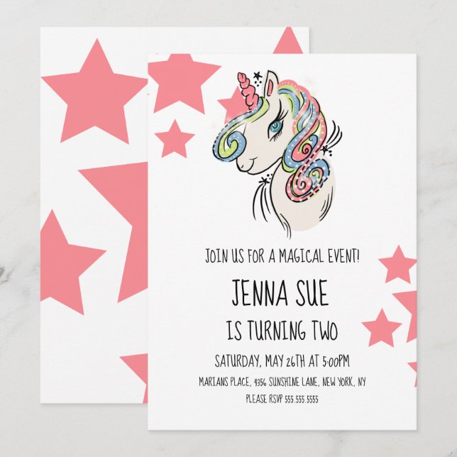 Invitation Unicorn Rose Stars Main Drathday Party (Devant / Derrière)