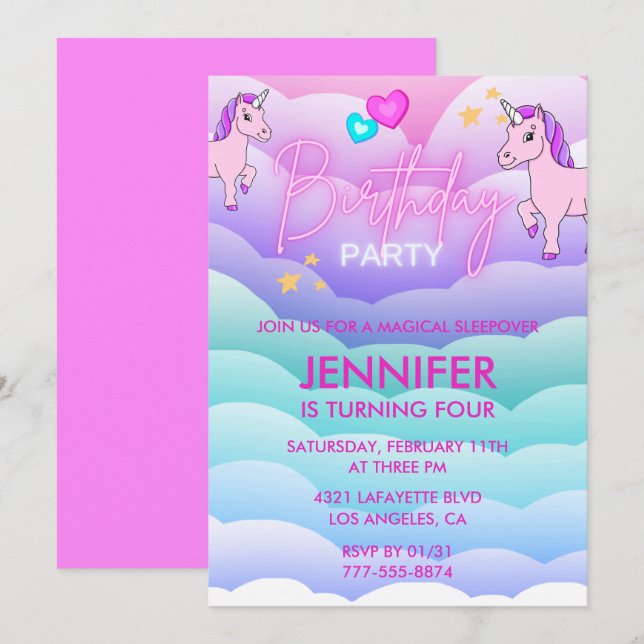 Invitation Unicorn Sleepover 4e anniversaire rose (Devant / Derrière)