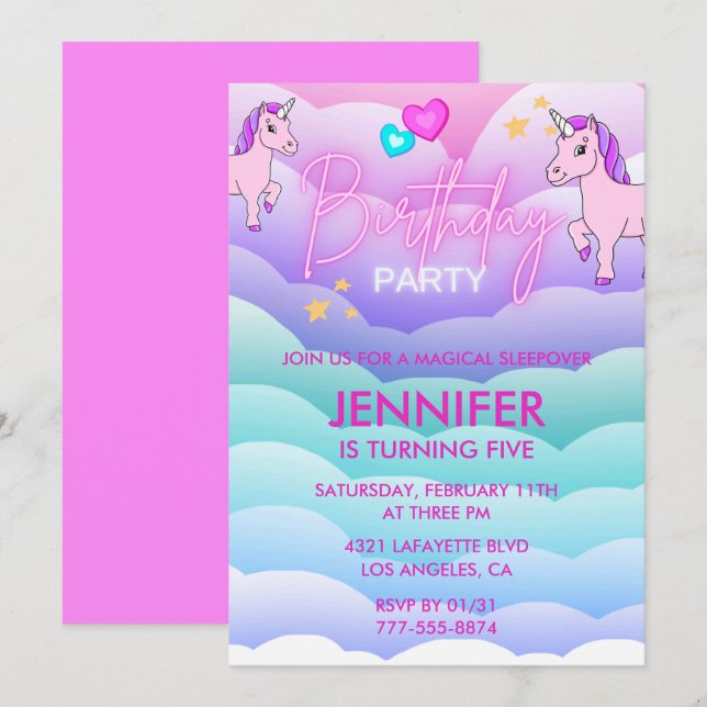 Invitation Unicorn Sleepover 5e anniversaire rose (Devant / Derrière)