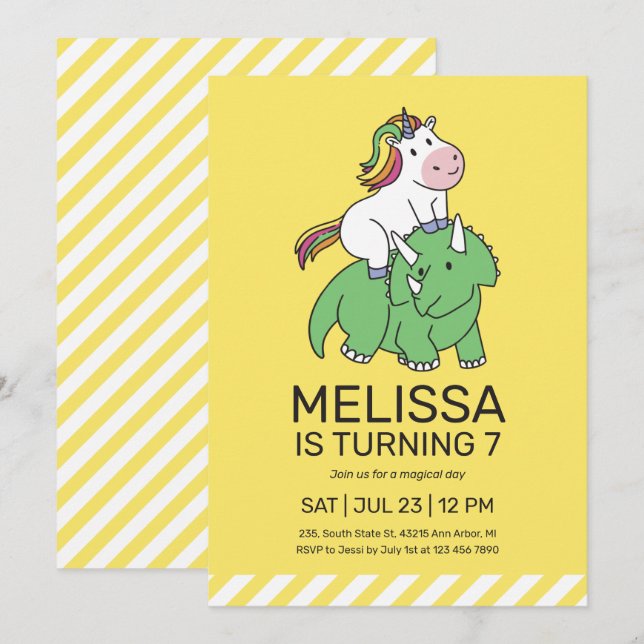 Invitation Unicorn Triceratops Dinosaur Anniversaire de enfan (Devant / Derrière)