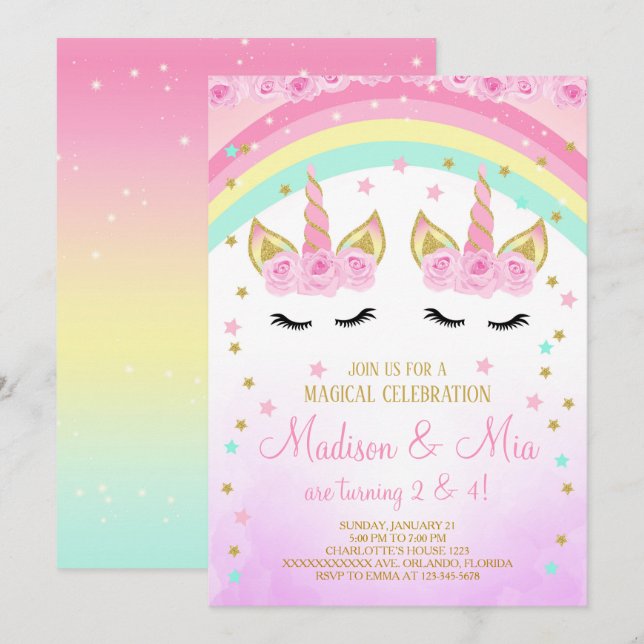 Invitation Unicorn, Twins Invitation Unicorn (Devant / Derrière)