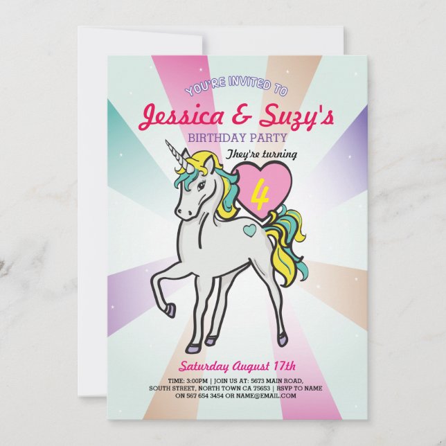 Invitation Unicorn violet fête d'anniversaire Jumeaux filles  (Devant)