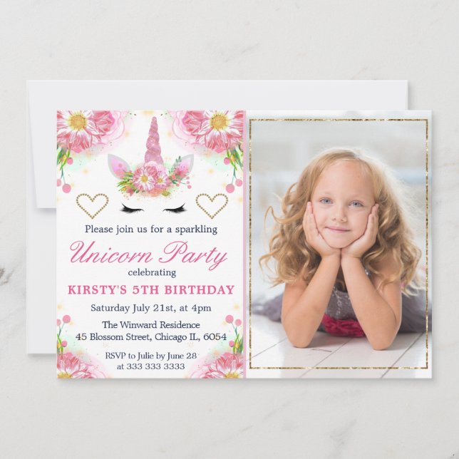 Invitation Unicorn Visage et aquarelle Fleurs photo Anniversa (Devant)