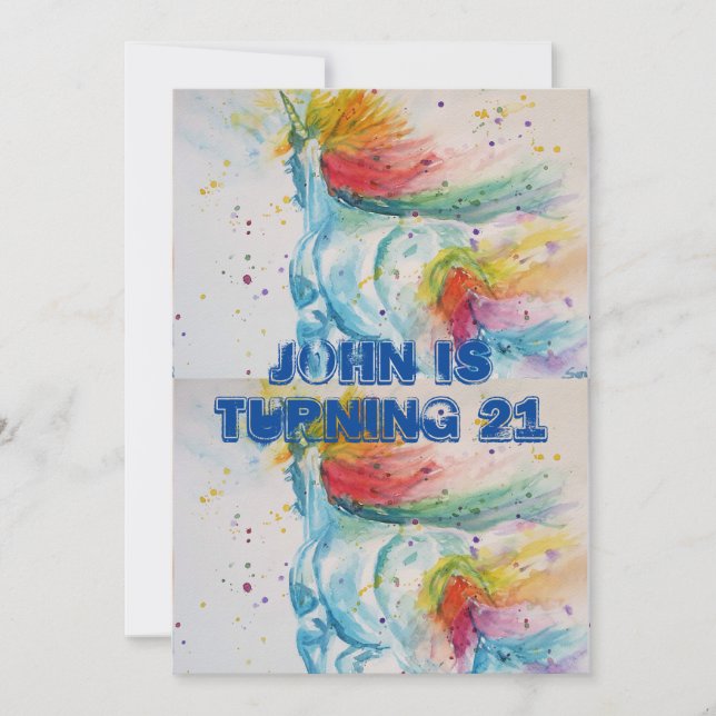 Invitation Unicorn Watercolor Mans 21e anniversaire Invitatio (Devant)