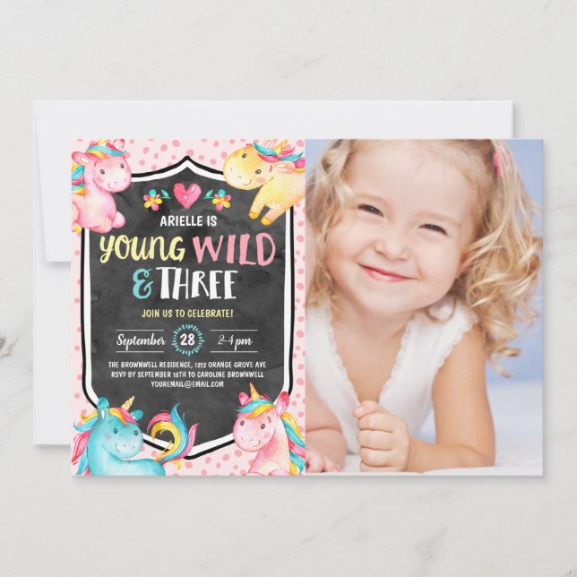 Invitation Unicorn Young Wild & Three Birthday Party Photo (Devant)