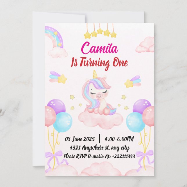 Invitation Unicorne 1er anniversaire (Devant)