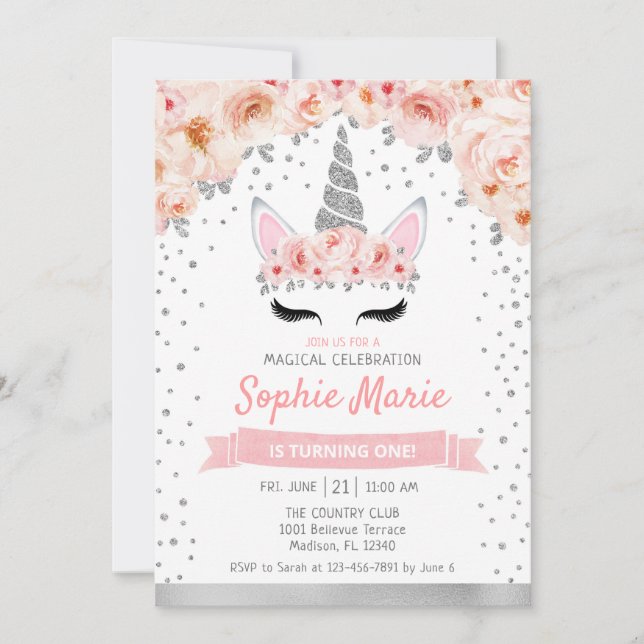 Invitation Unicorne 1er anniversaire - Argent rose (Devant)