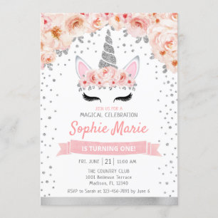 Invitation Unicorne 1er anniversaire - Argent rose