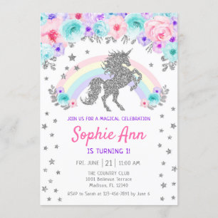 Invitation Unicorne 1er anniversaire - Argent Turquoise viole