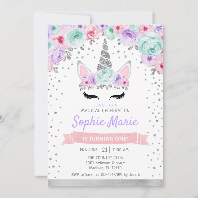 Invitation Unicorne 1er anniversaire - Argent violet rose Tur (Devant)