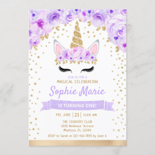 Invitation Unicorne 1er anniversaire - Gold Purple