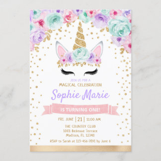 Invitation Unicorne 1er anniversaire - Gold Turquoise rose po